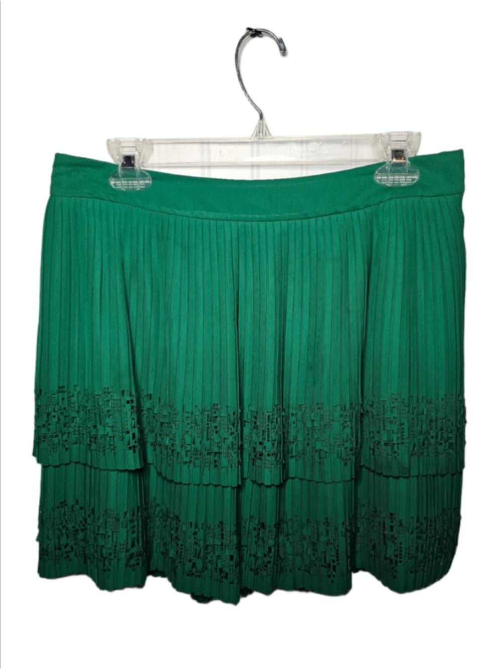 Leifsdottir Anthropologie Tiered Skirt Green Pleats Laser Cut Detail Size 8 EUC